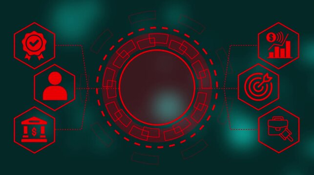 Digital Business Technology HUD Interface Animation with Circular Data Ring Futuristic Red Tech Dashboard Loop with Business Analytics Icons Business Growth Analytics and Digital Innovation Motion Bac
