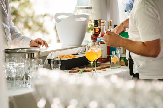 Outdoor bar counter. Aperol in a glass.