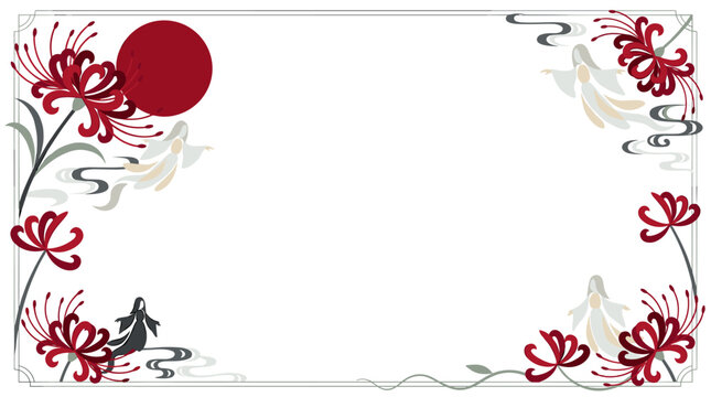 East asia style frame featuring red spider lilies and circular sun, traditional ink wash inspired border decoration, oriental floral motif stationery