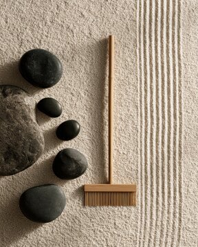 Zen garden sand rake and stones. Japanese meditation landscape with raked gravel patterns.