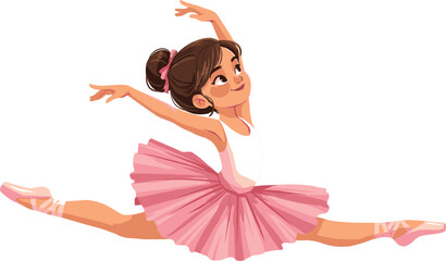 Cute Little Ballerina Girl Character Performing Dynamic Grand Jete Leap Split in Pink Tutu Dress Isolated on White Background for Ballet School Graphics © Rubel