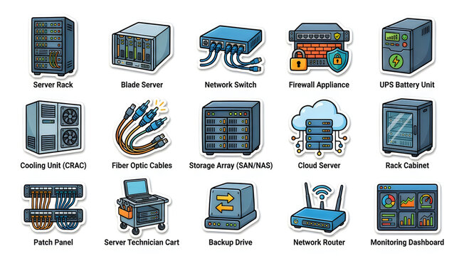 Set of computer server room equipment icons including network switch storage array cloud server and rack cabinet