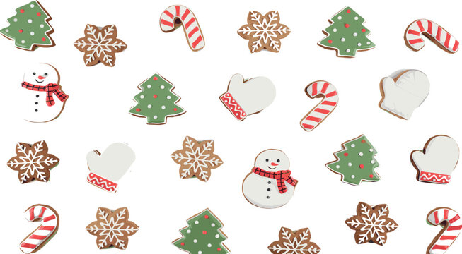 Christmas Gingerbread Cookies Vector Illustration Set with Snowman, Christmas Tree, Candy Cane, Mitten, and Snowflake Biscuits for Holiday Designs