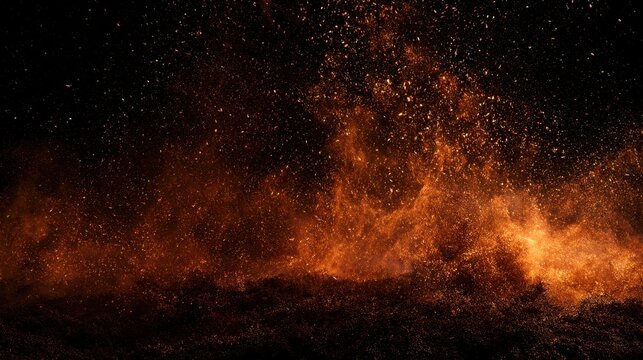 Glowing fire sparks on black background. Floating embers overlay for creative design.