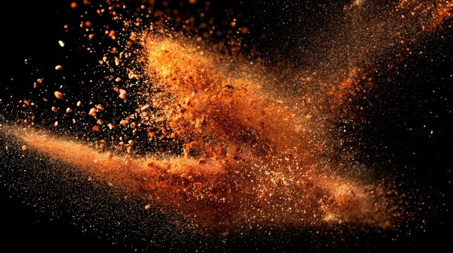 Orange powder explosion on black background. Vibrant dust particles blast in motion.