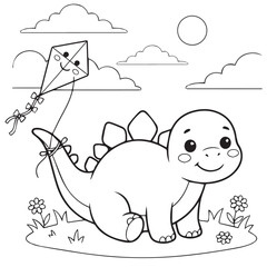 Cute dinosaur flying a kite. Adorable stegosaurus character for kids coloring page vector. A charming black and white line art illustration of a baby dinosaur playing with a kite in a sunny meadow. © AshfaqAman
