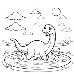 Cute dinosaur coloring page for kids. Happy brontosaurus splashing in water vector illustration. A fun black and white line art illustration of a friendly dinosaur playing in a pond for children's  © AshfaqAman
