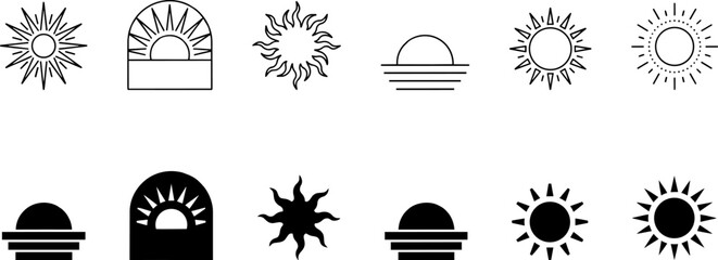 Naklejka premium Isolated Minimalist sun icon set, geometric solar symbols and sunset line art, black and white celestial vector elements for branding and logo design ,Clean grouped each Icon