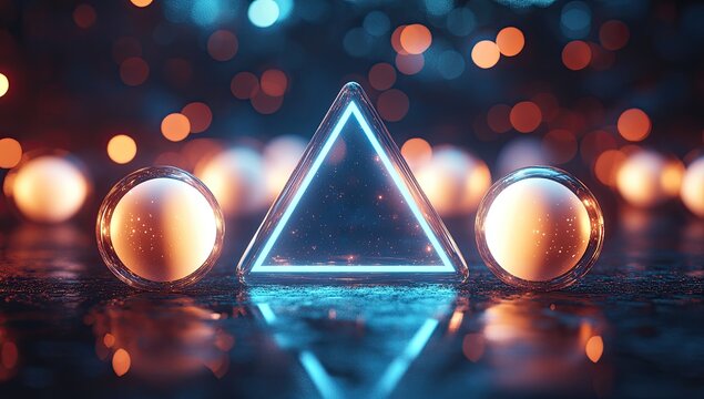Abstract geometric design with glowing triangle and spheres