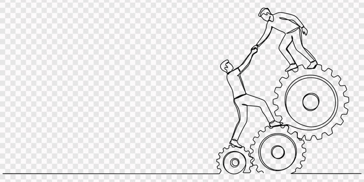 Continuous line drawing of two people working together turning gears vector, Single one line drawing two young businessmen helping each other to go up to pile of cogs. Teamwork people trust assistance