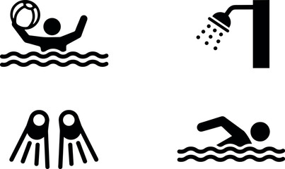 Swimming Pool and Water Sports Glyph Icon Vector Set with Swimmer, Water Polo, Shower, and Flippers Symbols for Summer Activities Designs © MstTanzila