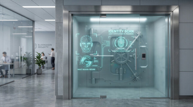 Futuristic glass door with holographic identity scan interface in modern office