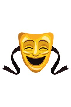 A vibrant vector illustration of a classic golden comedy drama mask isolated on a white background.
