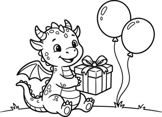 Fototapeta premium Cute baby dragon holding a gift with party balloons isolated on white background, illustration