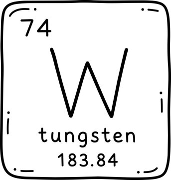 Tungsten periodic table element with atomic number 74, symbol W and atomic mass 183.84.