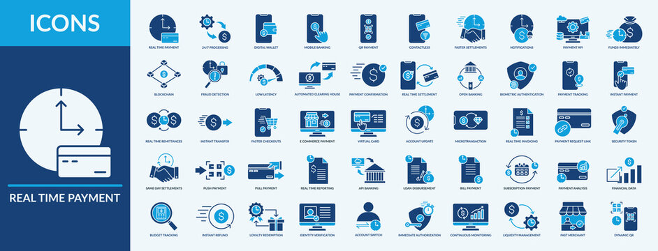 Real Time Payment icon set. Thin flat blue Set contains such Icons as low latency, faster checkouts, open banking and more. Simple web icons set