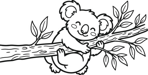 Cute cartoon koala sleeping on a tree branch for coloring isolated on white background, illustration