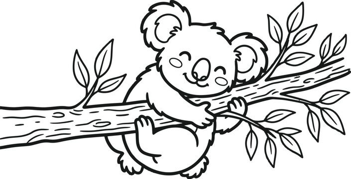 Cute cartoon koala sleeping on a tree branch for coloring isolated on white background, illustration