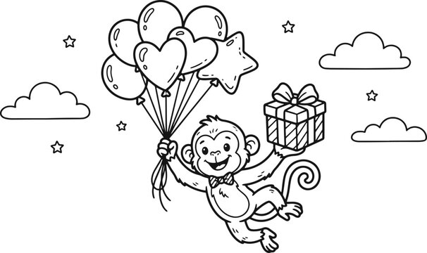 Cute monkey holding balloons and a gift for coloring page isolated on white background, illustration