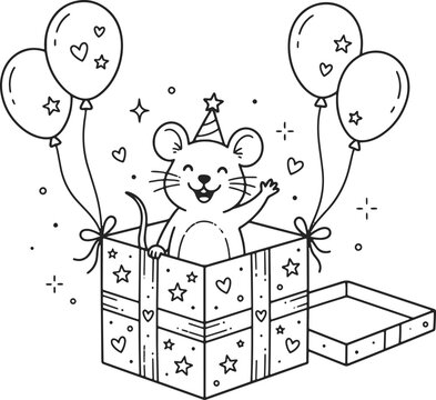 Cute cartoon mouse popping out of a birthday gift box isolated on white background, illustration