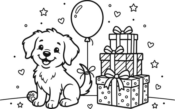 Cute puppy dog with birthday gifts and balloon coloring page isolated on white background, illustration