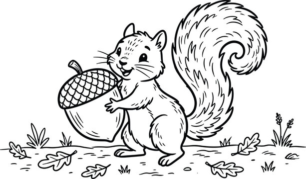 Cute squirrel holding a large acorn line drawing illustration isolated on white background, illustration