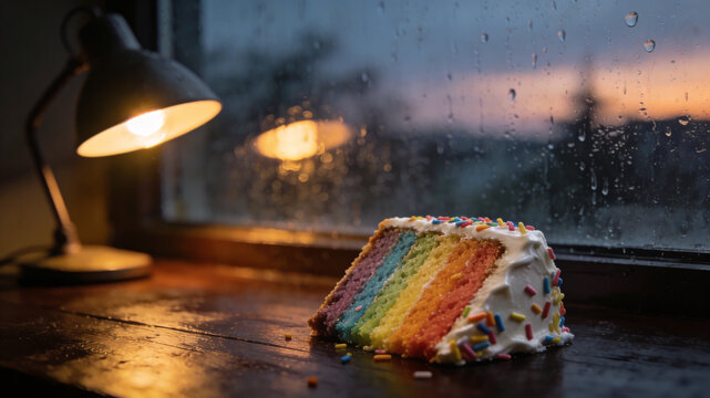 A slice of colorful rainbow cake with sprinkles sits on a wooden desk next to a glowing table lamp by a window wet with raindrops at sunset.