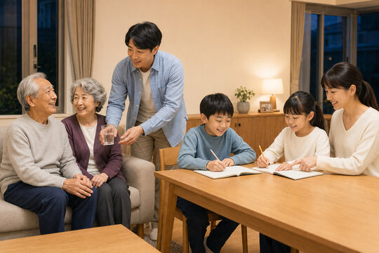 祖父母の見守りと子どもの宿題を分担する日本人の三世代家族