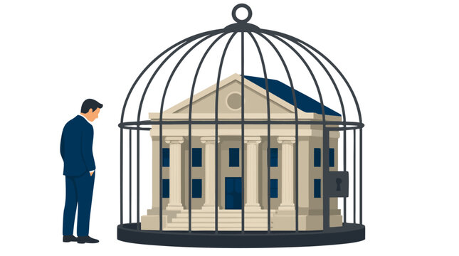 Businessman observing classical bank building trapped inside decorative metal birdcage, financial restriction concept illustration