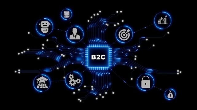Business to Consumer Commerce Interface with Connected Digital Technology Icons on a Dark Abstract Background Design