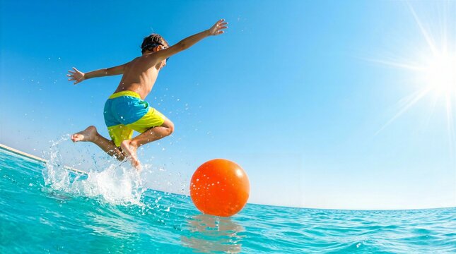 Boy in swim trunks jumping into pool with orange ball