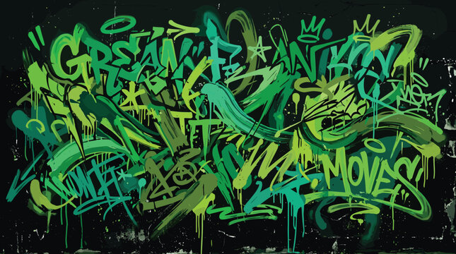 Urban green graffiti wall art, abstract street style spray paint background, vibrant lime and emerald tag mural, edgy hip hop vector illustration