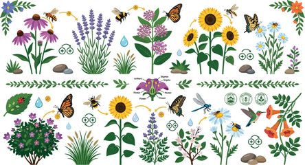 Pollinator garden vector elements set featuring bees butterflies hummingbird flowers sunflower lavender echinacea and wildlife habitat icons © MdAbdul