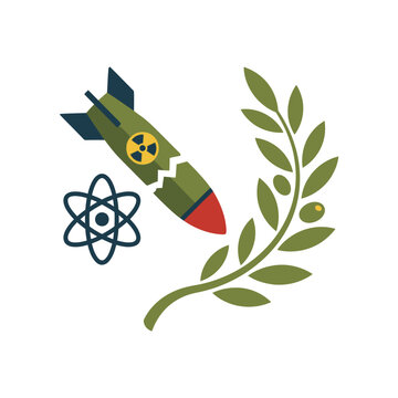 Broken nuclear missile icon with olive branch representing world peace and disarmament.