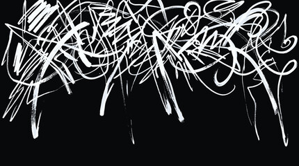 Abstract graffiti tag vector, white street art scribbles on black background, urban chaotic handstyle lettering for streetwear design © Iconify Studio