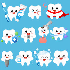 Naklejka premium Healthy and Unhealthy Teeth Character Set Dental Care Concept