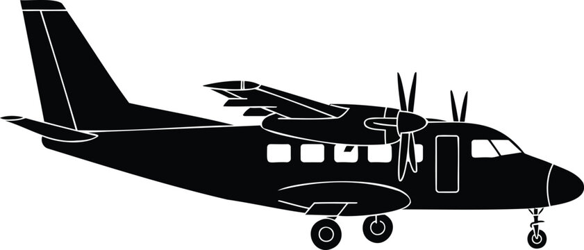 Black silhouette of a twin-engine turboprop airplane with landing gear aircraft