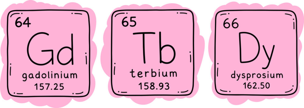 Gadolinium, terbium and dysprosium periodic table elements with atomic numbers, symbols and atomic masses. Hand drawn colorful chemistry icon set.