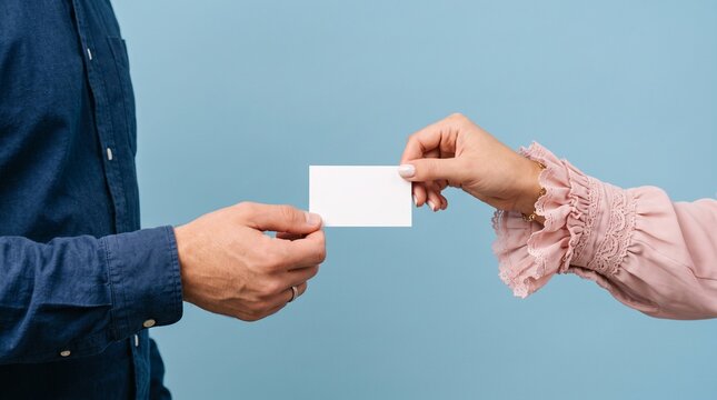 Blank business card mockup held by hands, professional networking exchange, white paper card template for corporate identity and branding