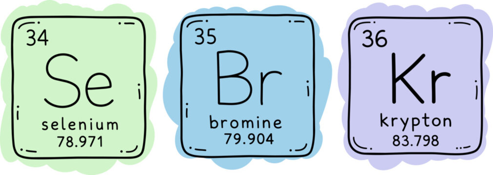 Selenium, bromine and krypton periodic table elements with atomic numbers, symbols and atomic masses. Hand drawn colorful chemistry icon set.