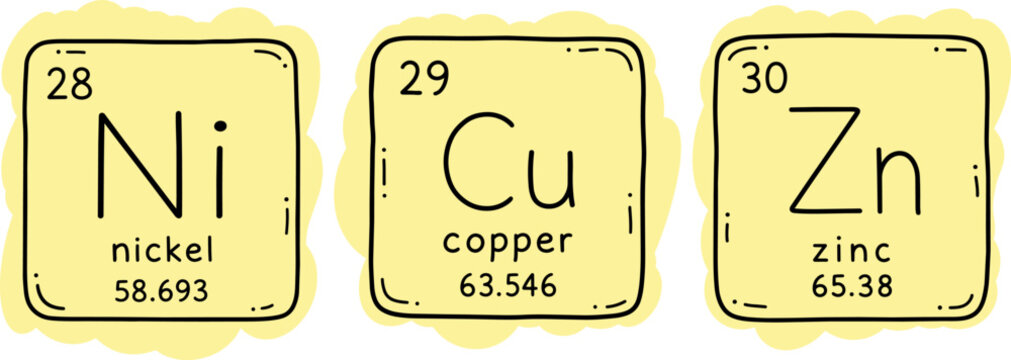 Nickel, copper and zinc periodic table elements with atomic numbers, symbols and atomic masses. Hand drawn colorful chemistry icon set.