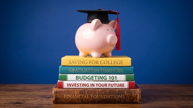 Educational savings concept with pink piggy bank wearing graduation cap, stack of books for college budgeting and financial planning, student loan debt
