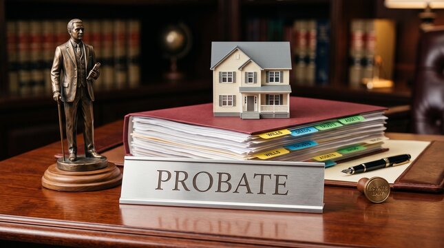 Probate law documents and house model on office desk, legal inheritance and estate planning concept, real estate property law services