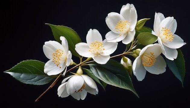 fragrant white jasmine flowers on a sprig against black