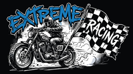 Extreme racing motorcycle vector illustration, biker riding custom chopper with checkered flag, vintage motor club t-shirt design with rebel 88 text © Iconify Studio