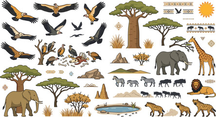 African safari wildlife vector elements set featuring vultures scavengers elephant giraffe lion hyenas baobab trees and savanna landscape © MdAbdul