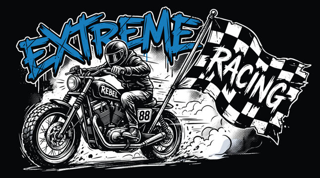 Extreme racing motorcycle vector illustration, biker riding custom chopper with checkered flag, vintage motor club t-shirt design with rebel 88 text
