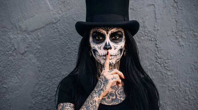 Woman with sugar skull makeup and top hat holding finger to lips, day of the dead concept, dia de los muertos, halloween costume, gothic style