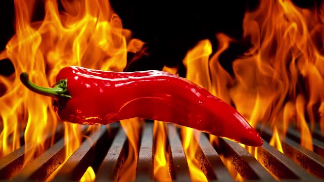 Fresh red chili pepper falling onto hot barbecue grill with bright flaming fire flames in slow motion close.