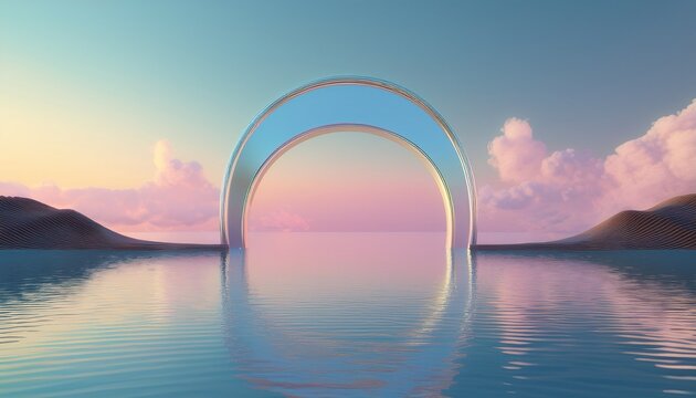 3d render abstract zen seascape background nordic surreal scenery with mirror arch calm water and pastel gradient sky futuristic minimalist generative ai